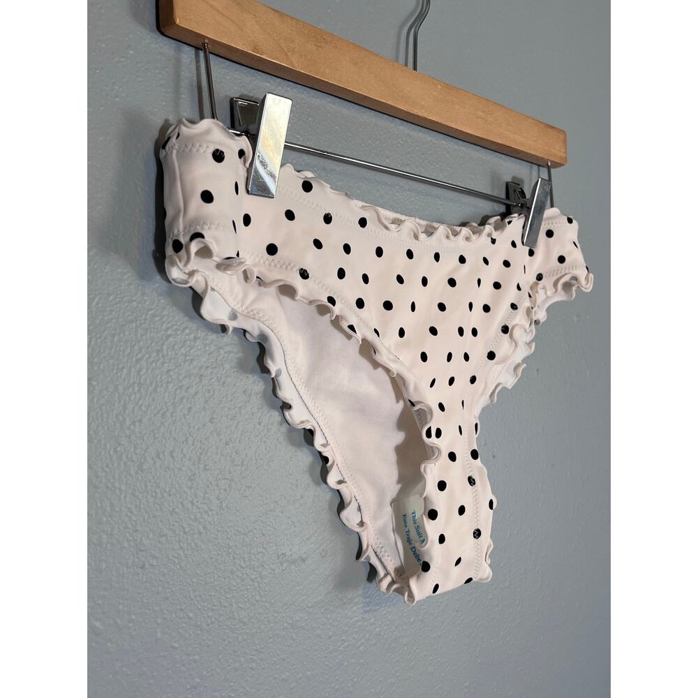 Polka Dot Ruffle Bikini Bottom New Sz Small Flirty Low Rise Swimsuit Black White - Picture 2 of 9